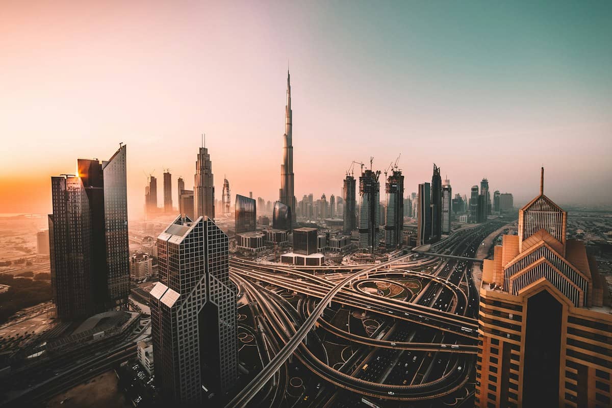 The Dubai skyline with the Burj Khalifa at sunset